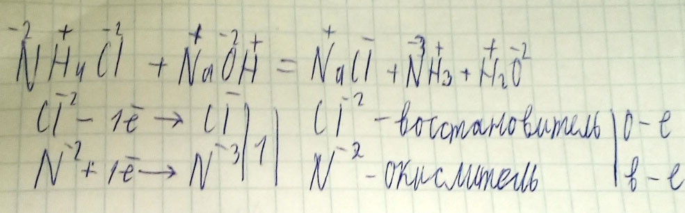 Указать окислитель и восстановитель, сделать схему электронного баланса NH4Cl+NaOH = NaCl+NH3+H2O