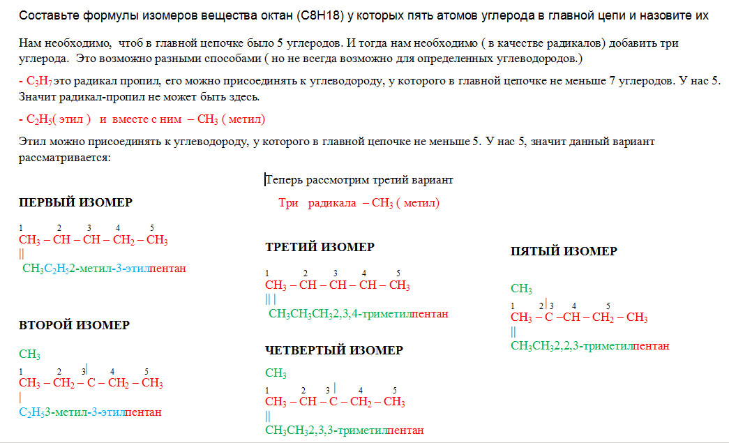 Составьте формулы изомеров вещества октан (C8H18) у которых пять атомов углерода в главной цепи и назовите их.