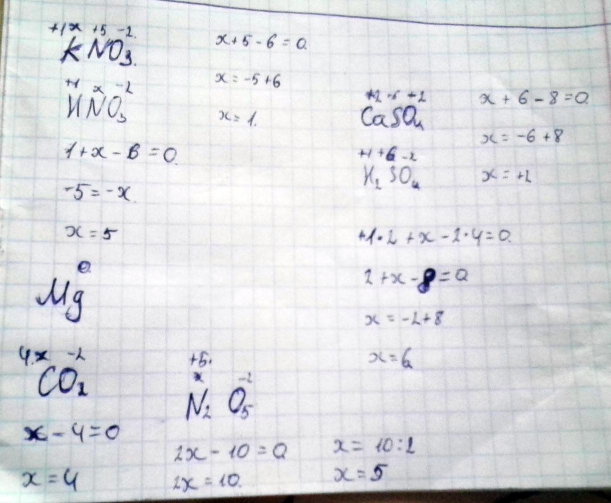 Определите степень окисления в таких веществах: KNO3 CaSO4 Fe(OH)3 Mg CO2 N2O5