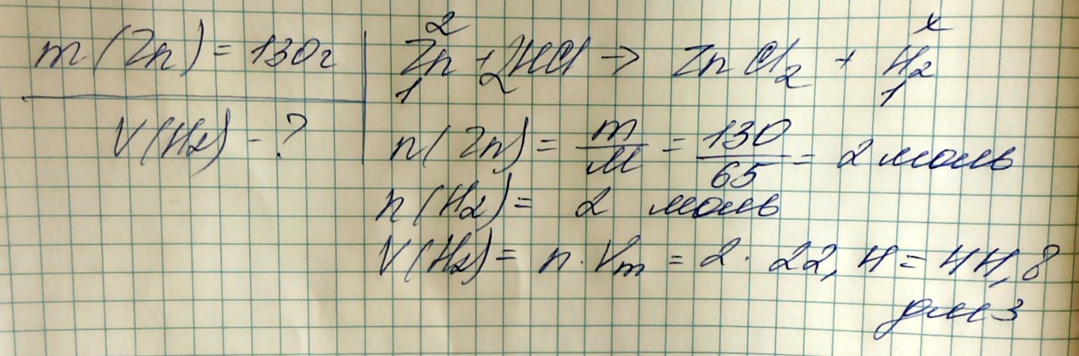 Рассчитайте, какой объем водорода образуется при взаимодействии 130г цинка с соляной кислотой.