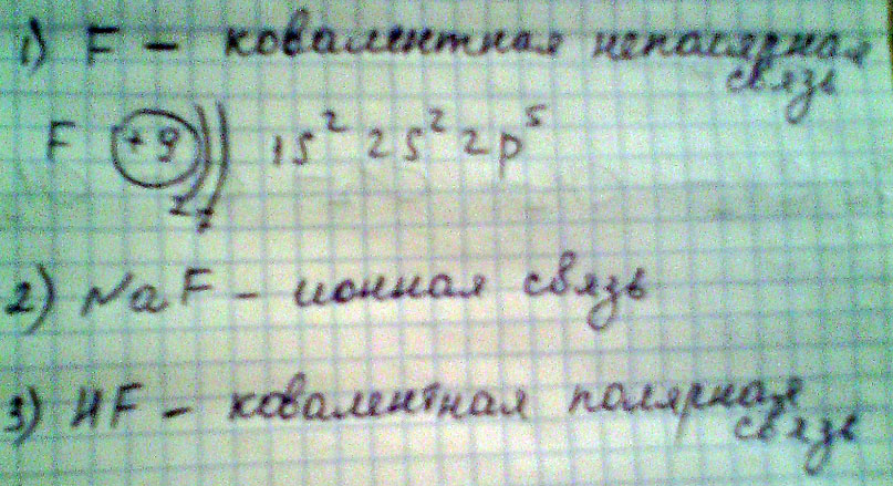 Даны вещества: фтор, фторид натрия, фтороводород. Напишите формулы веществ, определите тип связи. Составьте электронные формулы для данных веществ.