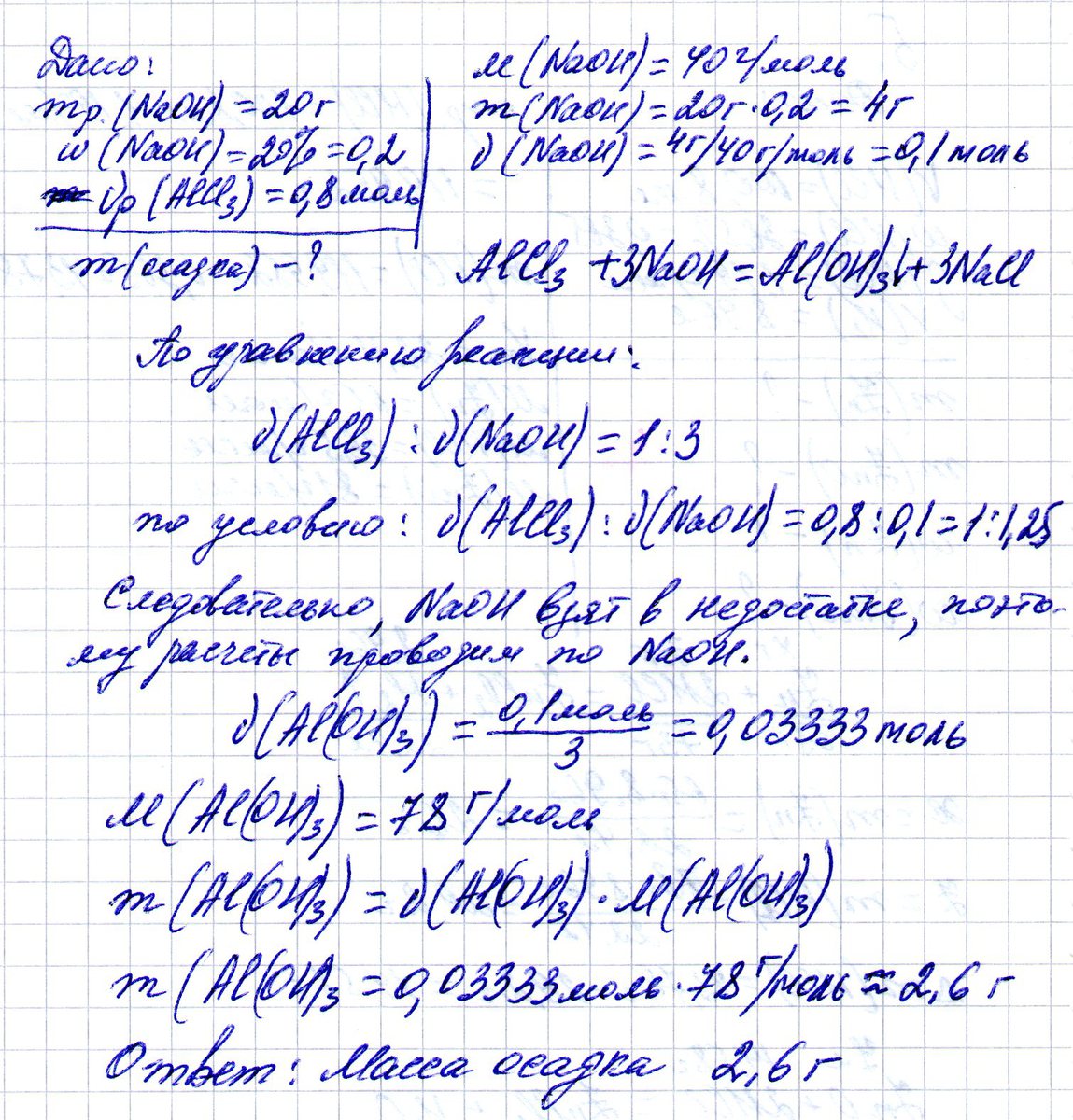Какие продукты образуются при сливании 20% раствора гидроксида натрия массой 20 г и раствора содержащего 0,8 моль хлорида алюминия. Найдите массу осадка.