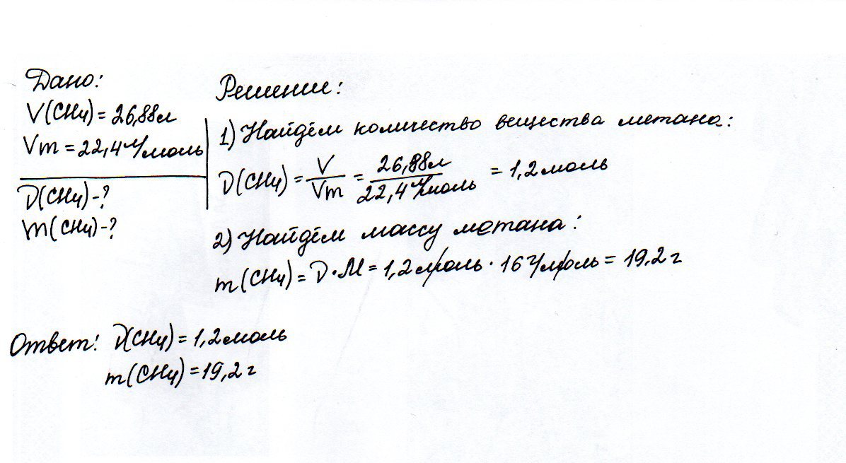 Определите массу и число молекул метана H4C объемом 26,88 л