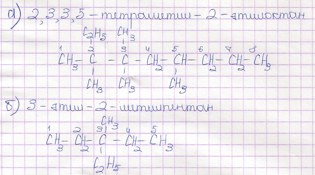 Составить структурные формулы: а 2,3, 3,5-тетраметил-3етил октан б3-тил-3метилпентан