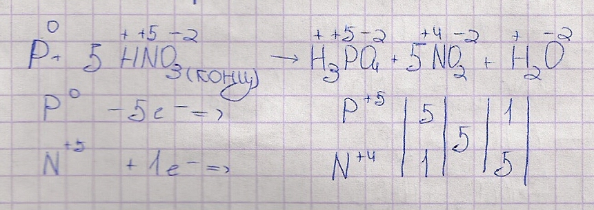 Расставьте коэффициенты в реакции, используя метод электронного баланса: Р + HNO3 (конц. ) = Н3РО4 + NO2 + Н2О
