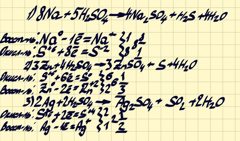 Допишите уравнение реакции. (к-концентрированная). 1. Na+H2SO4(к- .+.+H2Sl 2.Zn+H2SO4(к- .+.+S3.Ag+H2SO(к- .+.+SO2