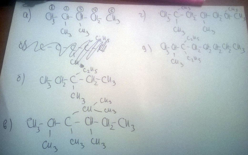 Напишите структурные формулы следующих алканов: а 2,3-диметилпентан, б 3-метил-3-этилпентан, в 2,3, 4-триметил-3-изопропилгексан, г 2,2, 4,6-тетраметилгептан, д 2-метил-3,3-диэтилоктан.