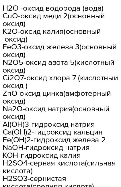 H20, Cuo, K20, FeO3, N2O5, Cl2O7, ZnO, Na2o, Al(OH)3, Ca(OH)2, Fe(OH)2, NaOH, KOH, H2SO4, H2SO3 HNO3, H3po и HCl распределите на оксиды, основания и кислоты