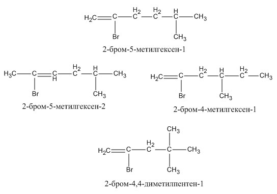 Напишите структурные формулы 2-бром-5-метилгексена-1 и трех его изомеров различных видов