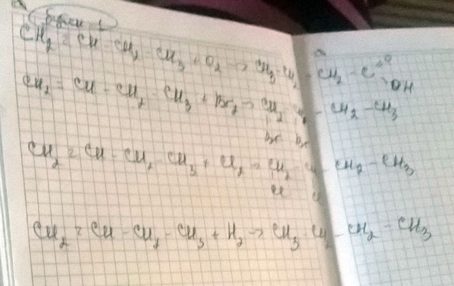 Написать уравнения реакции бутен-1 и бутен-2 с О2, Br2, Cl2, H2 (8 уравнений Написать 2 изомера гептена