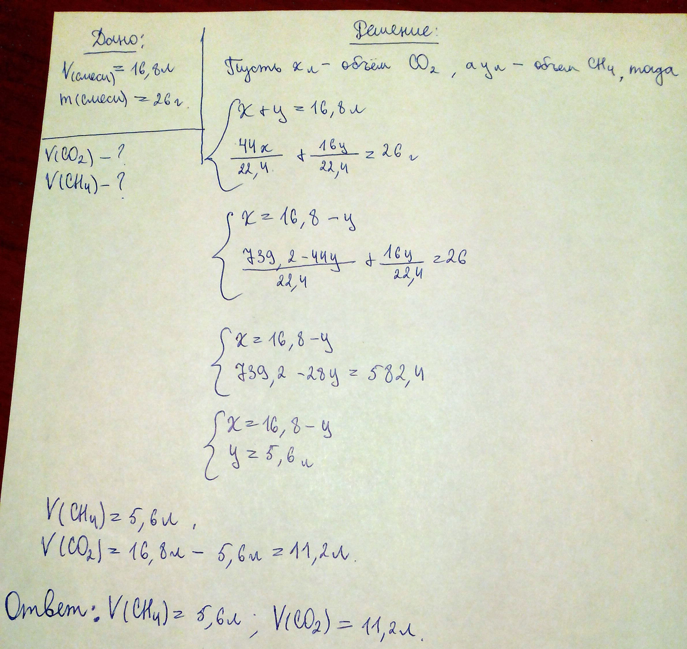 Масса 16,8 л. Газовой смеси углекислого газа и метана при н.у. Равна 26. Определите объеммный состав газовой смеси.